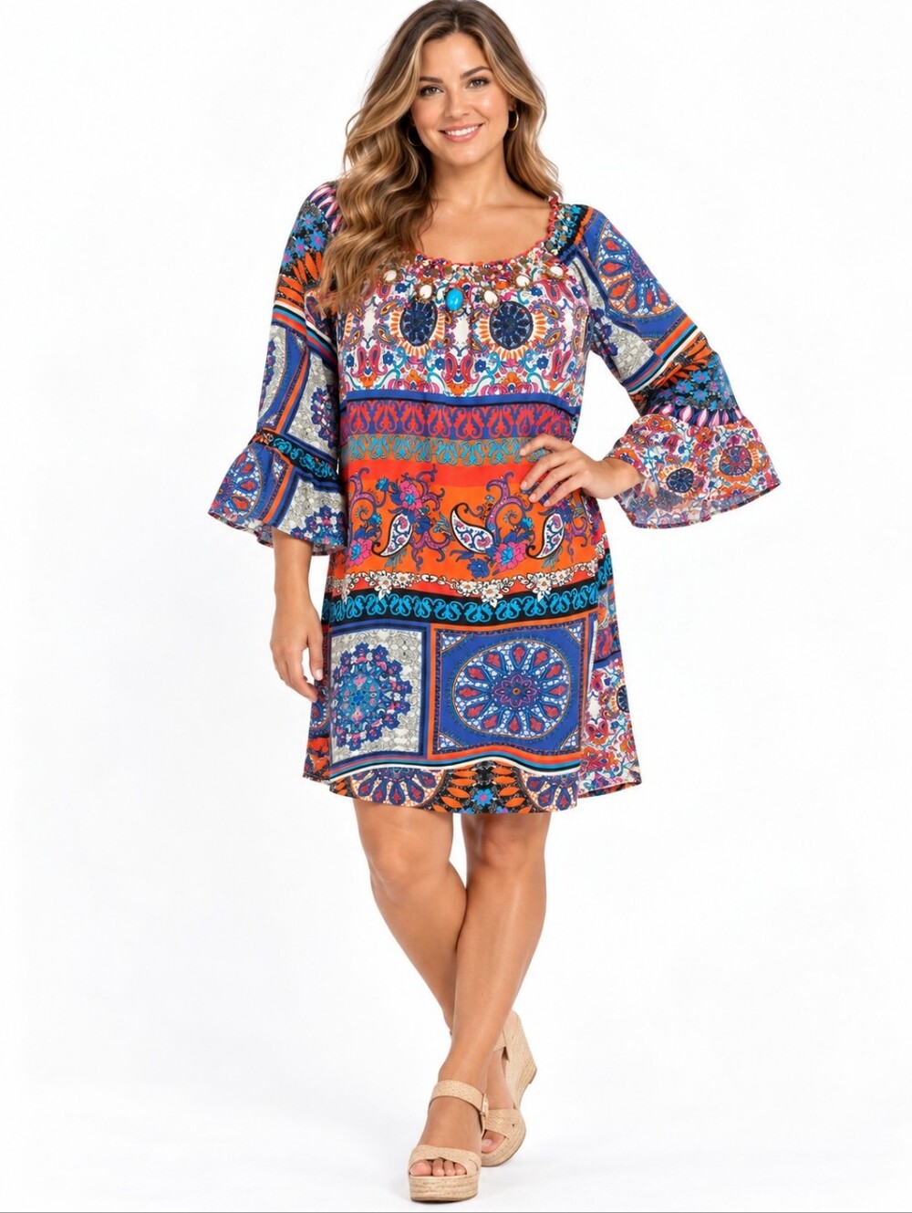 Joyous & Free Patchwork Paisley Boho Tunic Dress Large Beaded Bell Sleeve